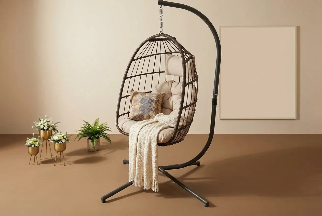 A hanging rattan chair staged into a customer's room at true scale